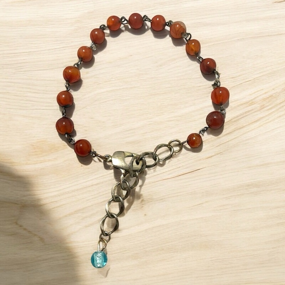 Vintage Pewter Brown Beaded Bracelet with Light Blue Charm